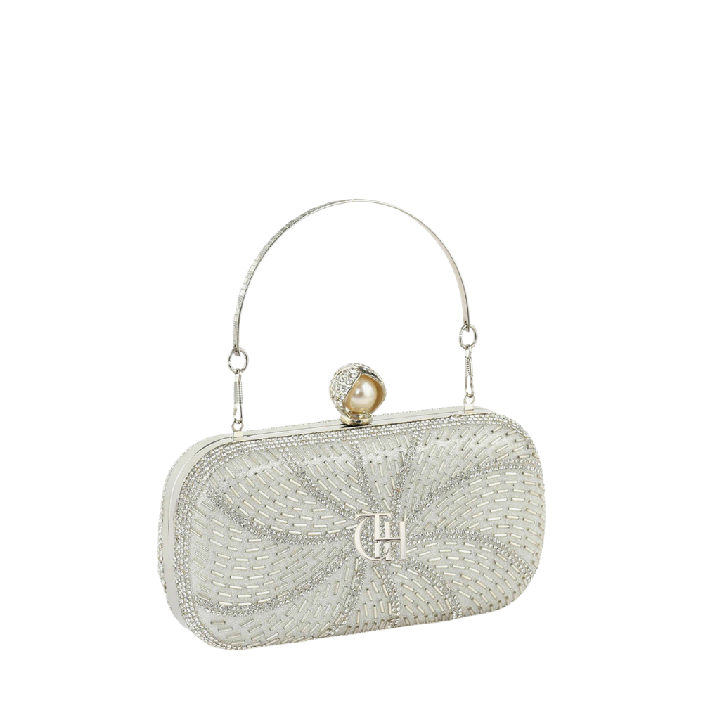 Women’s Starburst Beaded Box Clutch with Crystal Detail and Pearl Clasp