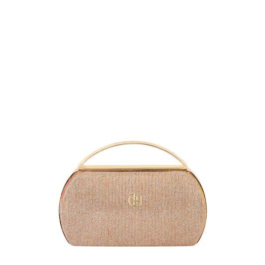 Women's Beige Textured Hard Case Clutch with Curved Gold Tone Handle