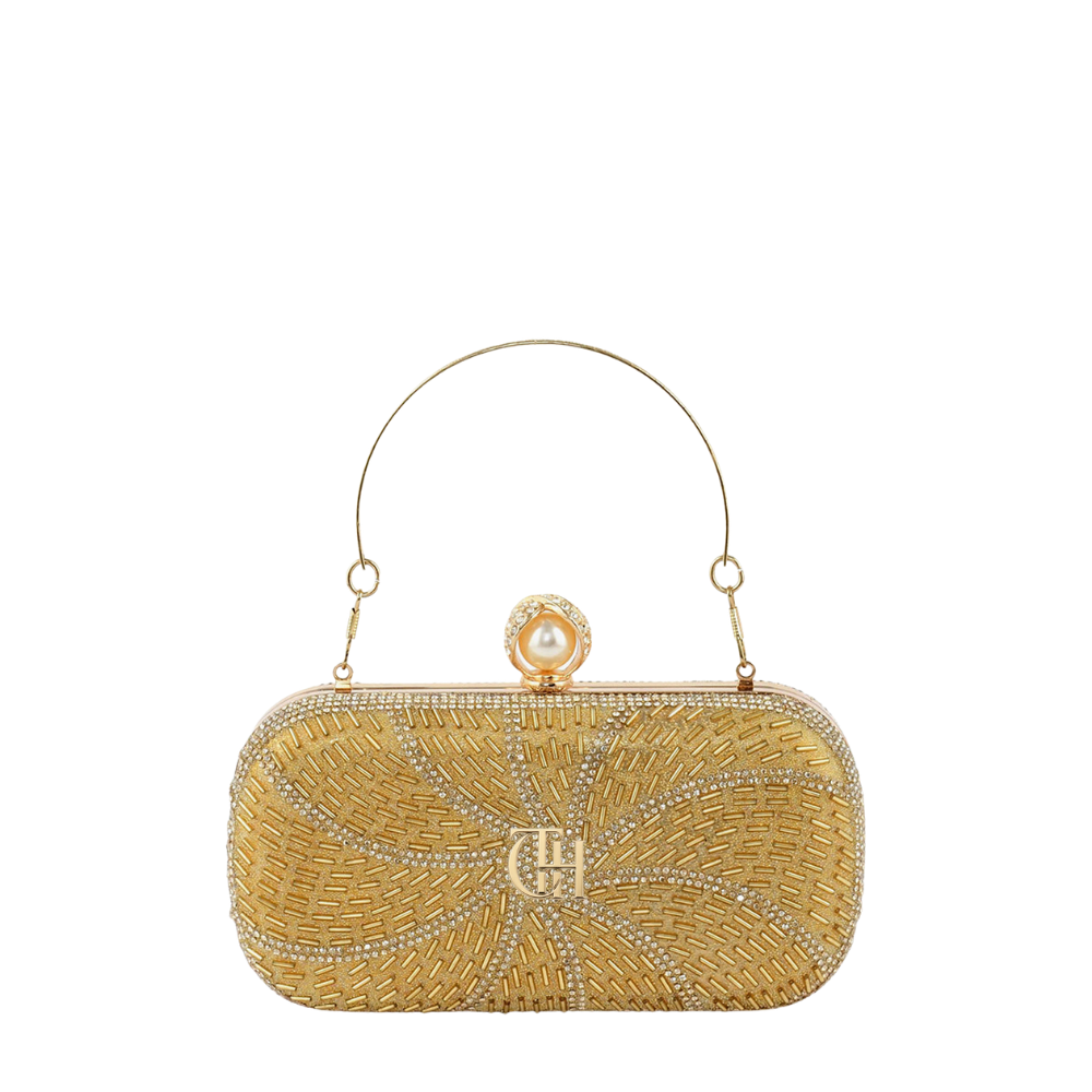 Women’s Starburst Beaded Box Clutch with Crystal Detailing and Pearl Clasp