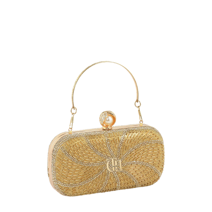Women’s Starburst Beaded Box Clutch with Crystal Detailing and Pearl Clasp