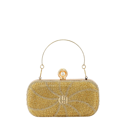 Women’s Starburst Beaded Box Clutch with Crystal Detailing and Pearl Clasp