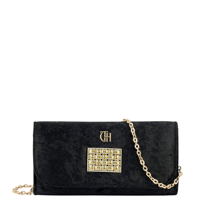 Women's Black Velvet Clutch with Detachable Gold Tone Chain Strap