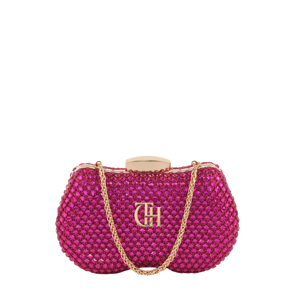 Pink Crystal Mesh Oval Clutch Bag with Gold Bar Clasp Closure