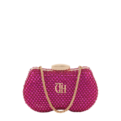 Pink Crystal Mesh Oval Clutch Bag with Gold Bar Clasp Closure