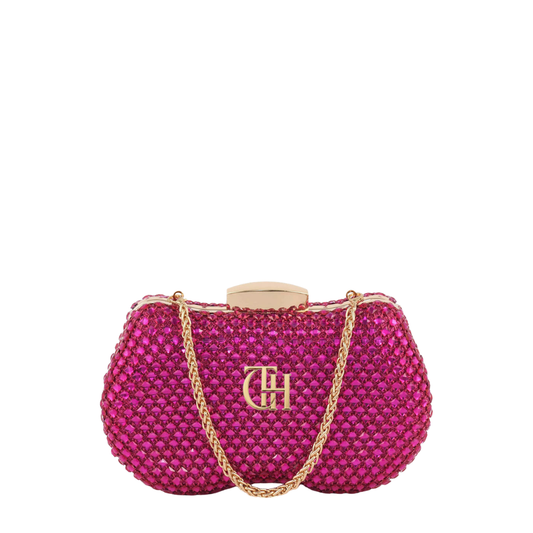Pink Crystal Mesh Oval Clutch Bag with Gold Bar Clasp Closure