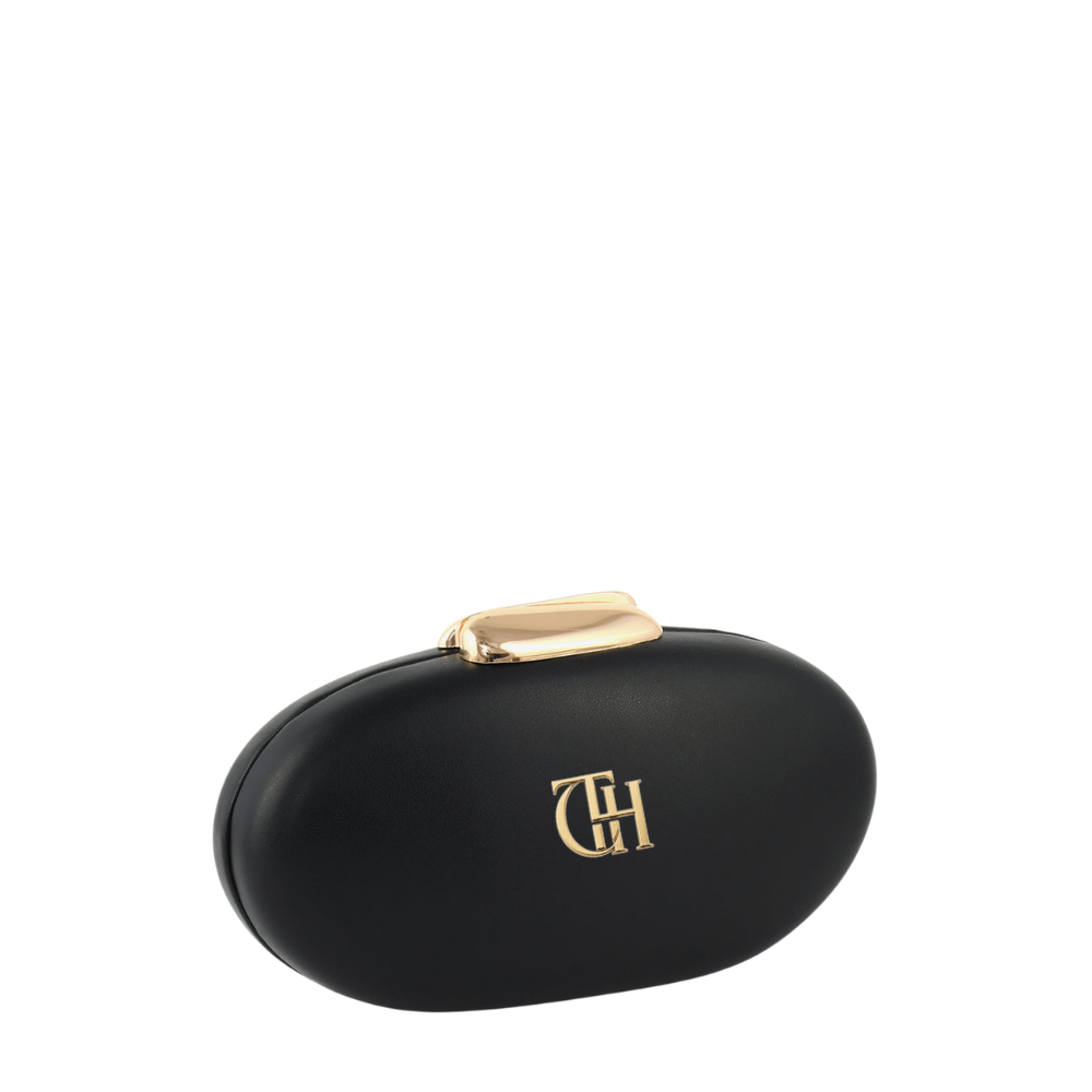 Womens Black Pebble Oval Box Clutch Bag with Chain Strap