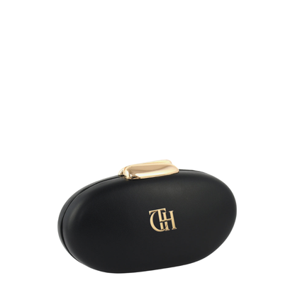 Womens Black Pebble Oval Box Clutch Bag with Chain Strap