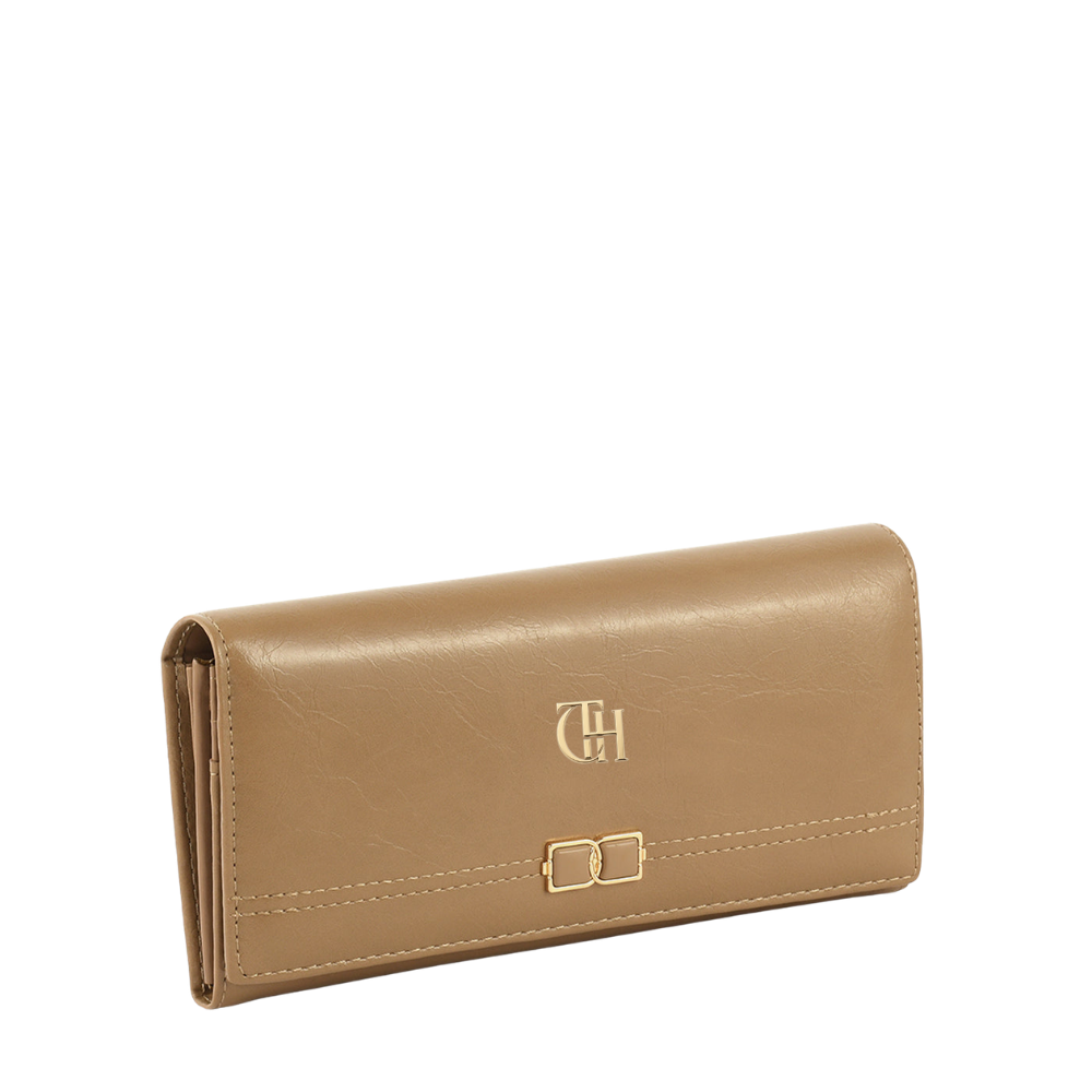 Women’s Beige Link Clasp Long Wallet with Gold Tone Detail