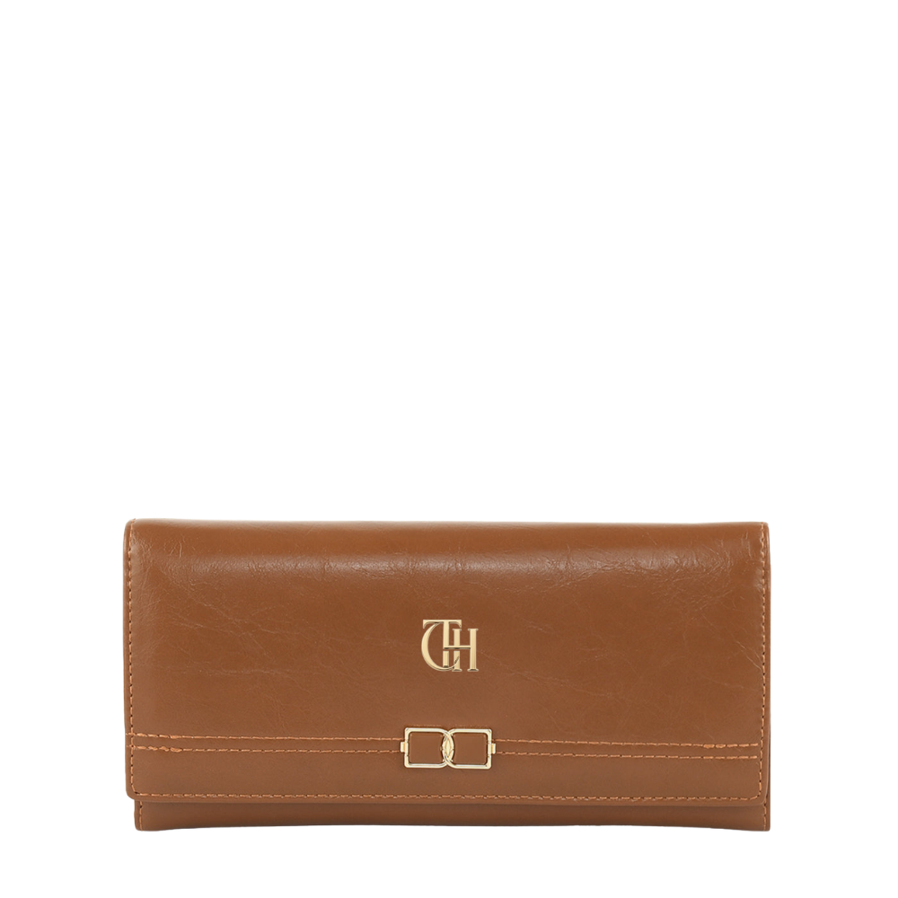 Women’s Brown Link Clasp Long Wallet with Gold Tone Detail