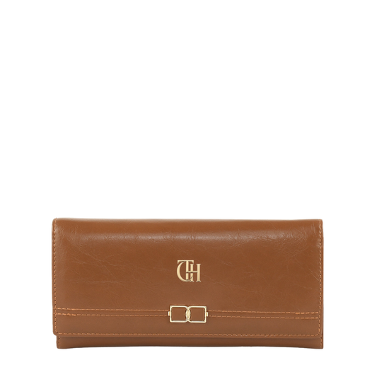 Women’s Brown Link Clasp Long Wallet with Gold Tone Detail