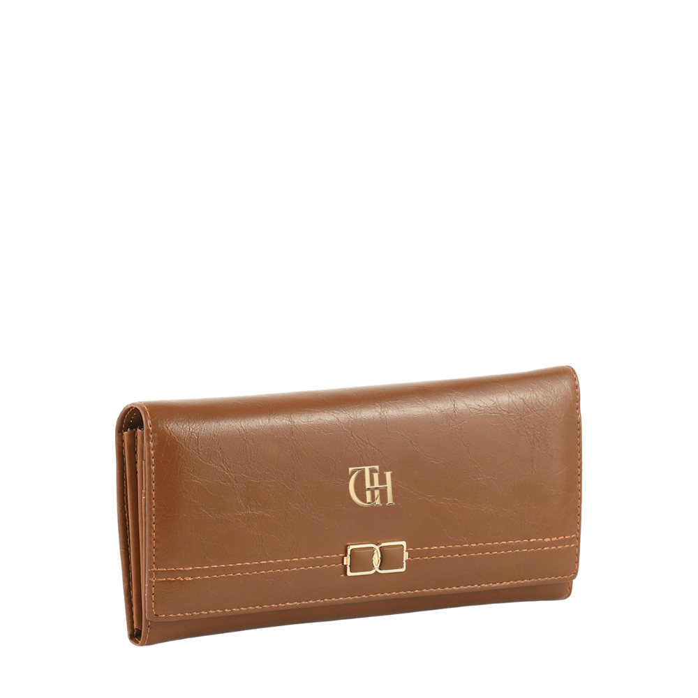 Women’s Brown Link Clasp Long Wallet with Gold Tone Detail