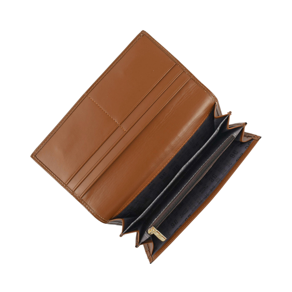 Women’s Brown Link Clasp Long Wallet with Gold Tone Detail