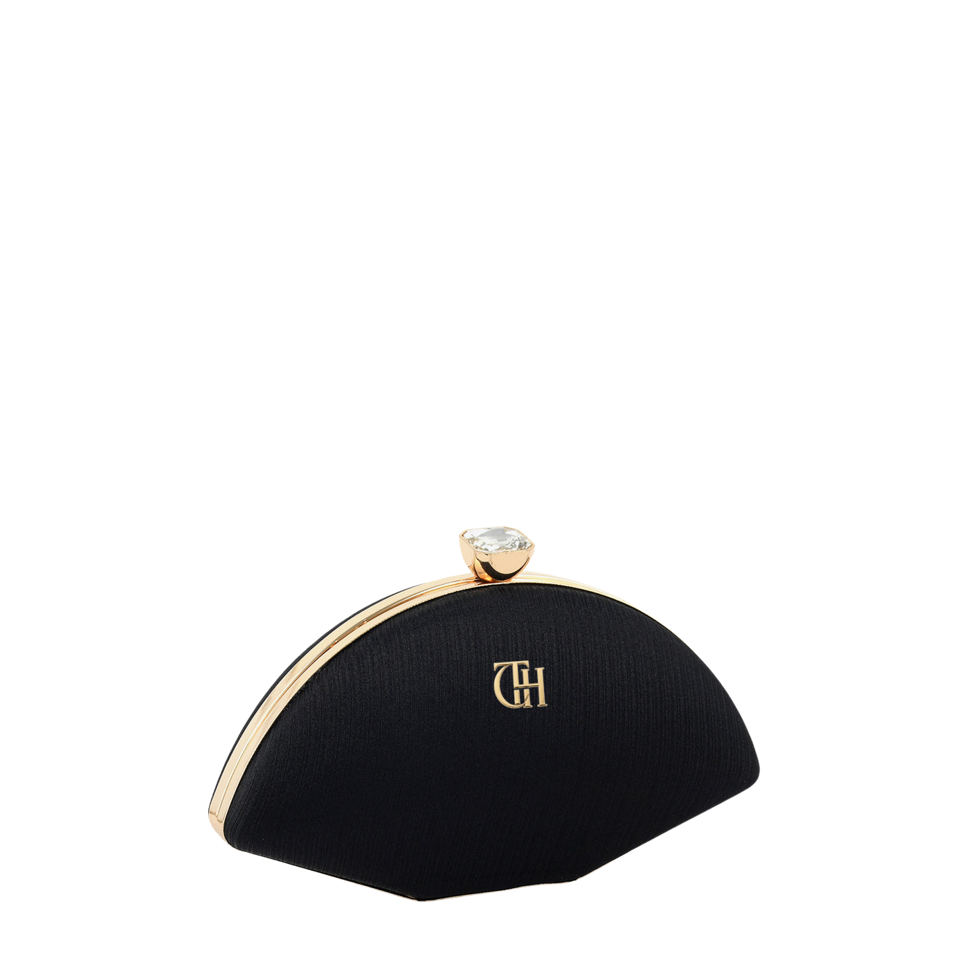 Women's Black Velvet Curved Clutch with Crystal Clasp and Gold Tone Chain Strap