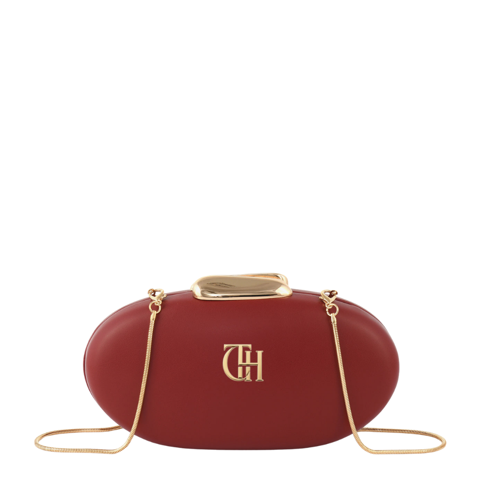 Womens Red Pebble Oval Box Clutch Bag with Chain Strap