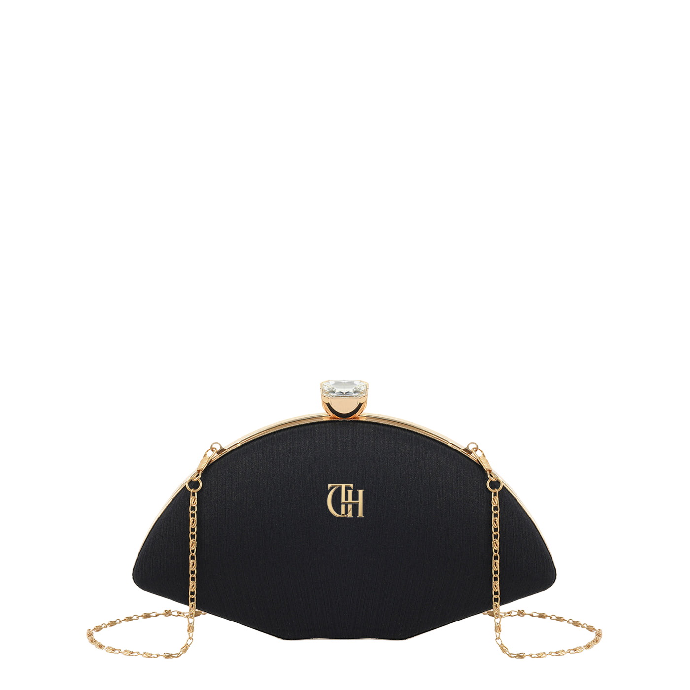 Women's Black Velvet Curved Clutch with Crystal Clasp and Gold Tone Chain Strap