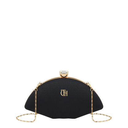 Women's Black Velvet Curved Clutch with Crystal Clasp and Gold Tone Chain Strap