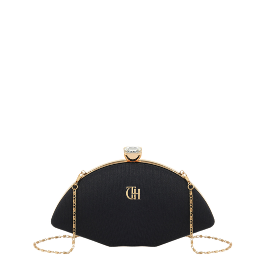 Women's Black Velvet Curved Clutch with Crystal Clasp and Gold Tone Chain Strap