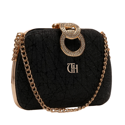 Celestial Clutch Black Evening Bag with Chain Strap