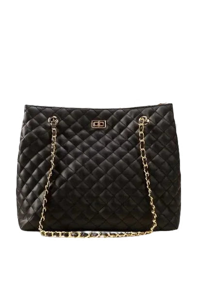 Cloud Chic Quilted Tote Bag Black PU Leather Handbag with Chain Straps