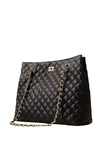 Cloud Chic Quilted Tote Bag Black PU Leather Handbag with Chain Straps