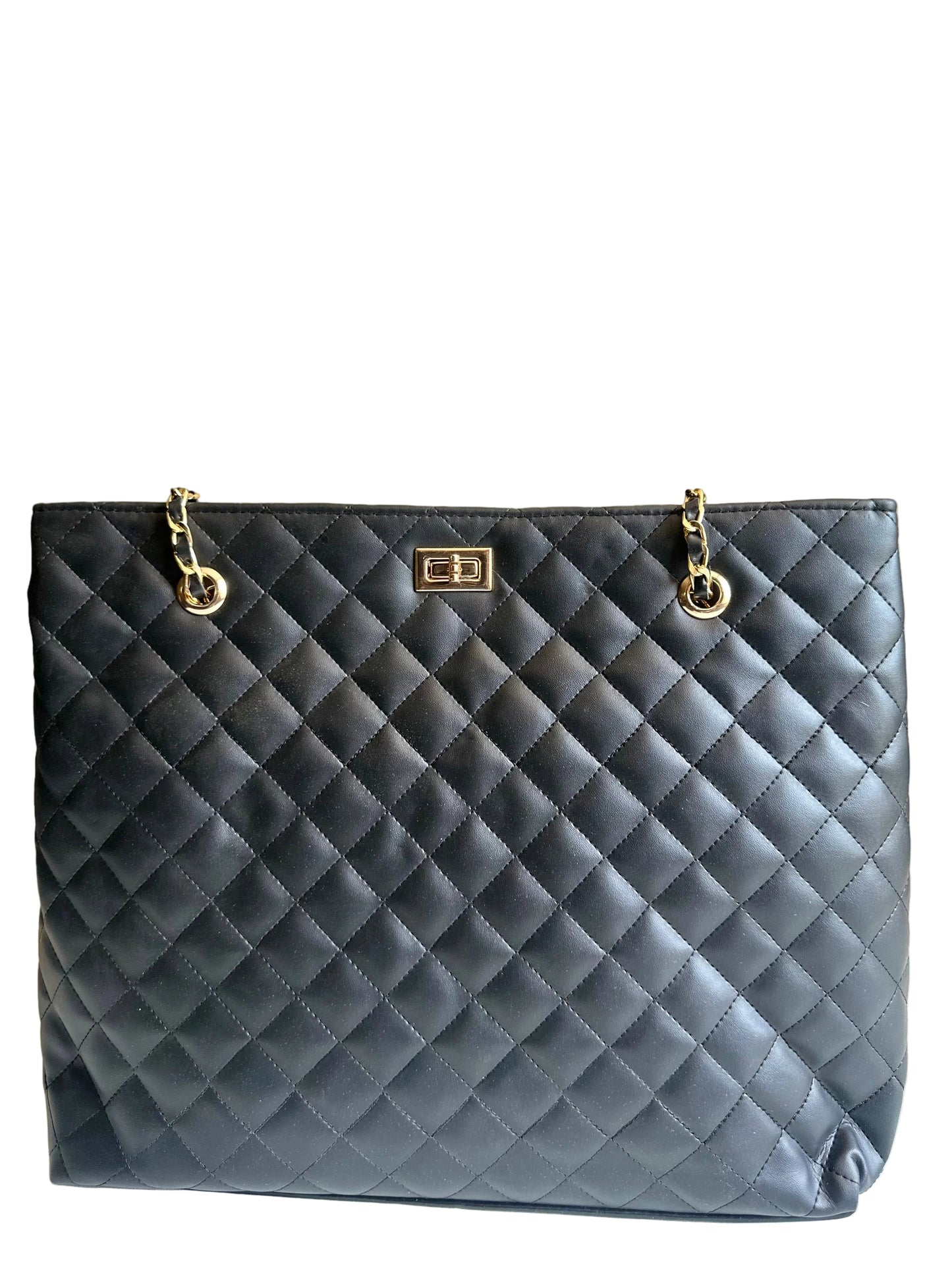 Cloud Chic Quilted Tote Bag Black PU Leather Handbag with Chain Straps