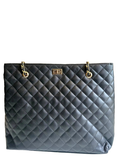 Cloud Chic Quilted Tote Bag Black PU Leather Handbag with Chain Straps