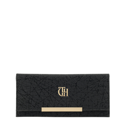 Black textured wallet with gold accents on a white background