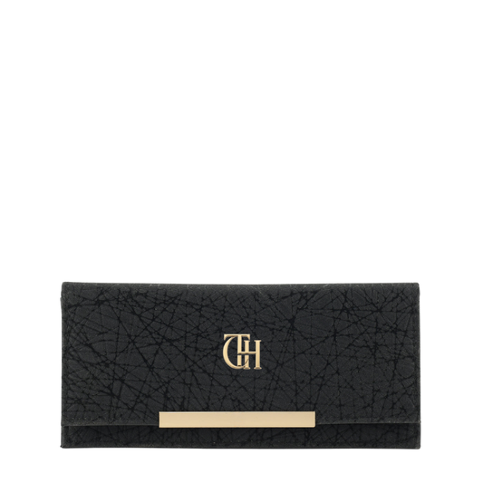 Black textured wallet with gold accents on a white background
