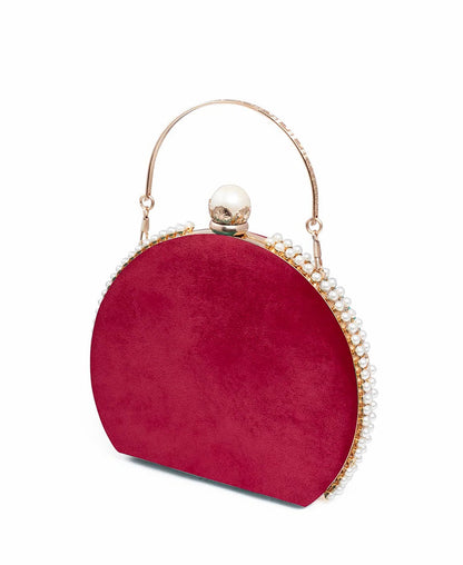 The Clutch House Red velvet Half-Moon Clutch Bag with Top Handle
