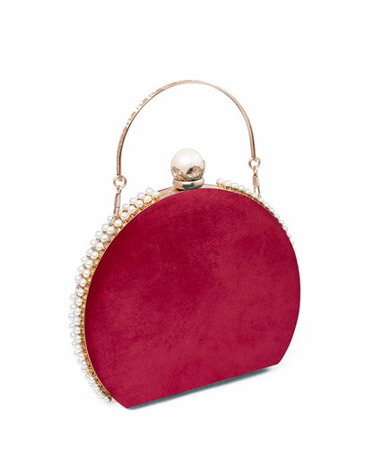 The Clutch House Red velvet Half-Moon Clutch Bag with Top Handle