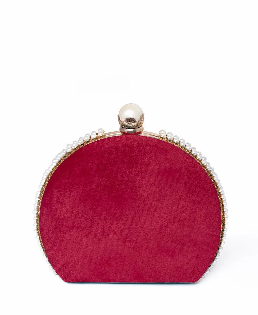 The Clutch House Red velvet Half-Moon Clutch Bag with Top Handle