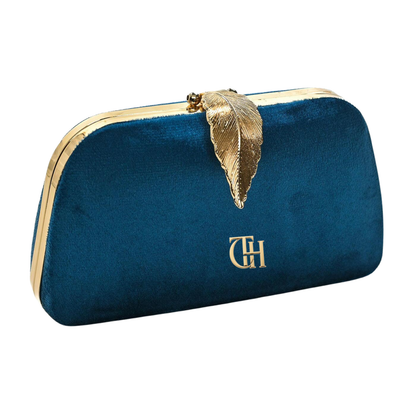 Mystic Velvet Clutch Blue Evening Clutch with Gold Leaf Clasp