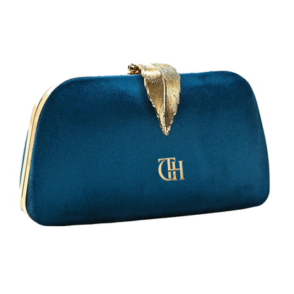 Mystic Velvet Clutch Blue Evening Clutch with Gold Leaf Clasp