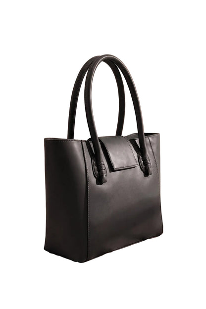 Noble Structured Tote Bag Black Handbag with Fold-Over Flap