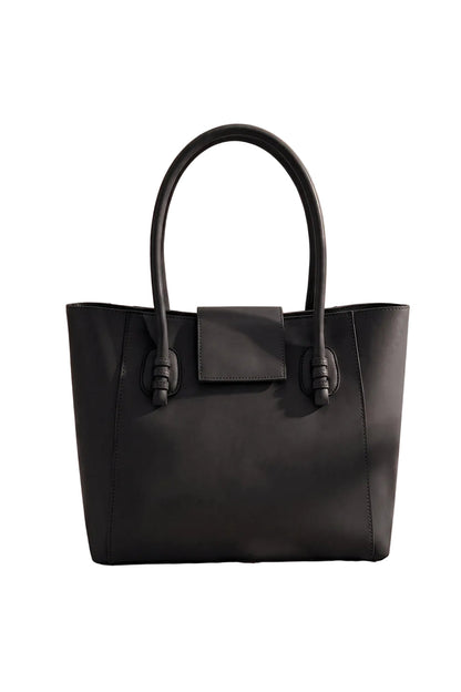 Noble Structured Tote Bag Black Handbag with Fold-Over Flap