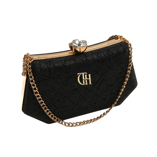 Shimmer Clutch Black Evening Bag with Chain Strap