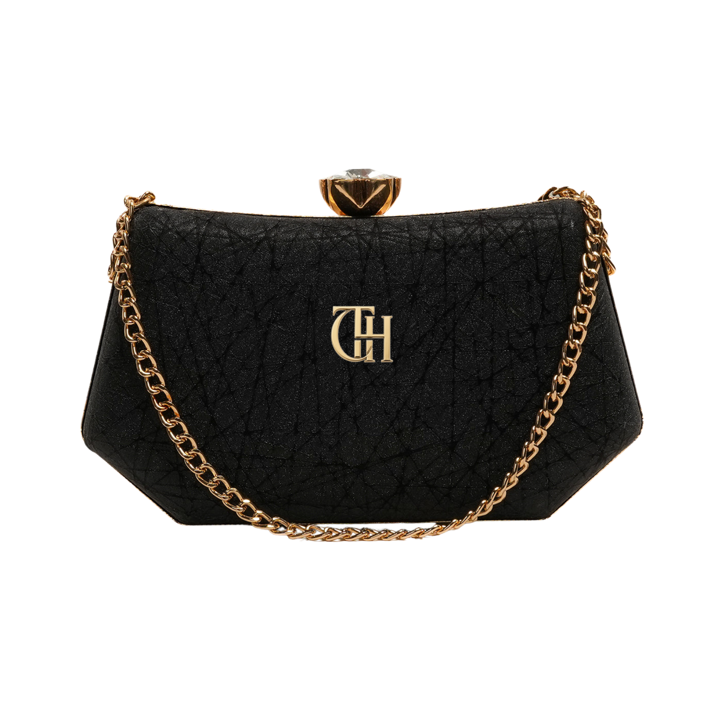 Shimmer Clutch Black Evening Bag with Chain Strap