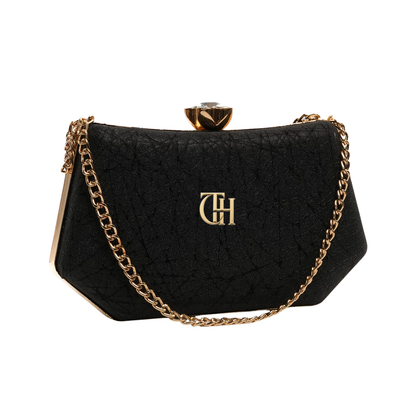 Shimmer Clutch Black Evening Bag with Chain Strap