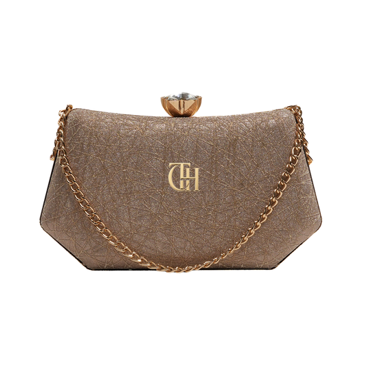 Shimmer Clutch Golden Evening Bag with Chain Strap