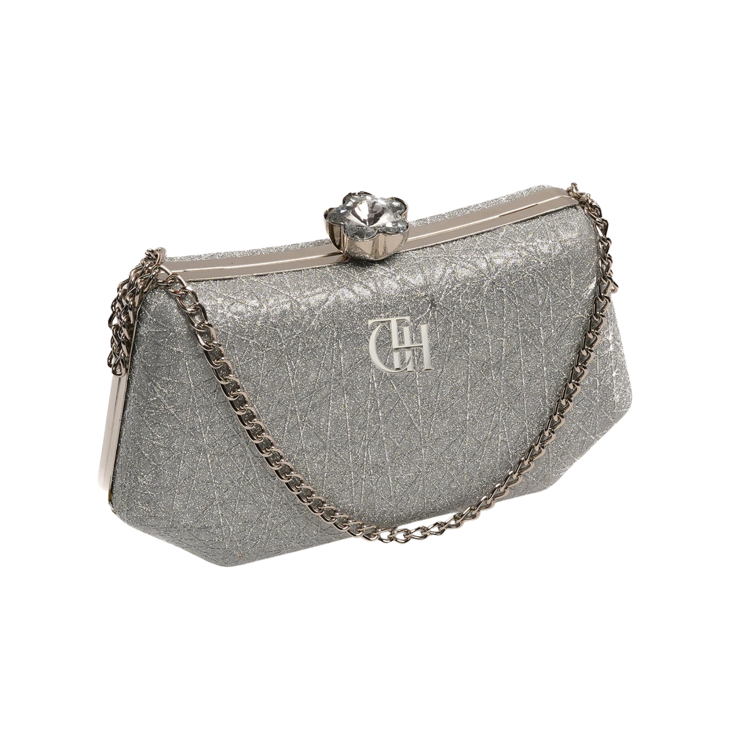 Shimmer Clutch Silver Evening Bag with Chain Strap