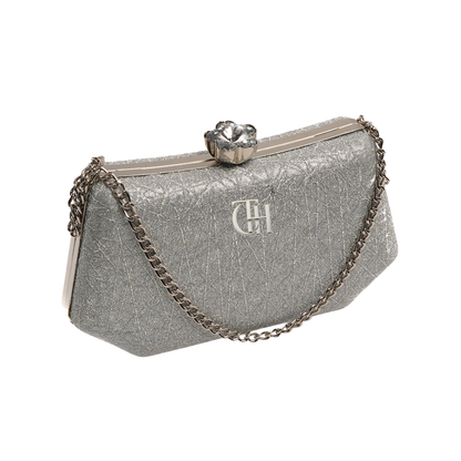 Shimmer Clutch Silver Evening Bag with Chain Strap