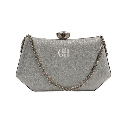 Shimmer Clutch Silver Evening Bag with Chain Strap