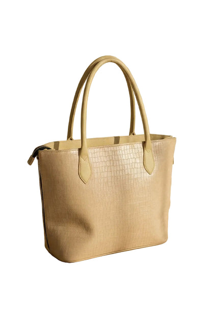 SwiftZip Tote Bag Beige Croc Textured Faux Leather Handbag