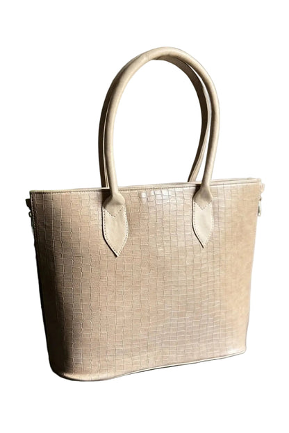 SwiftZip Tote Bag Beige Croc Textured Faux Leather Handbag