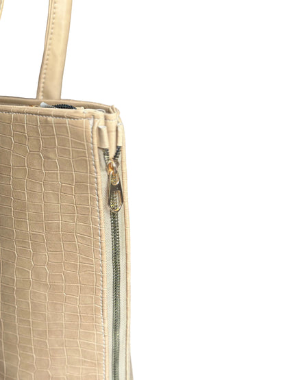 SwiftZip Tote Bag Beige Croc Textured Faux Leather Handbag