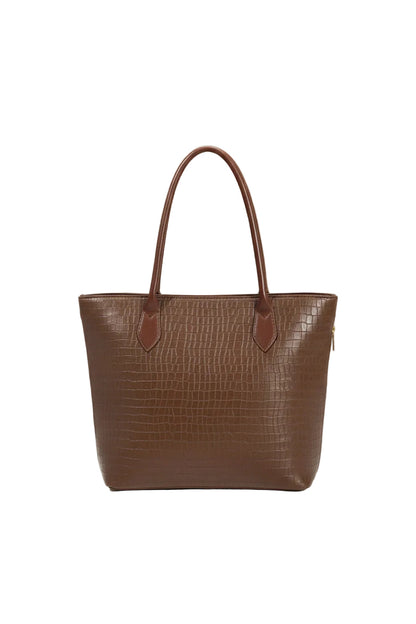 SwiftZip Tote Bag Brown Croc Textured Faux Leather Handbag