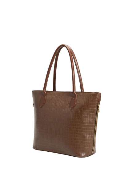 SwiftZip Tote Bag Brown Croc Textured Faux Leather Handbag