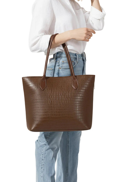 SwiftZip Tote Bag Brown Croc Textured Faux Leather Handbag