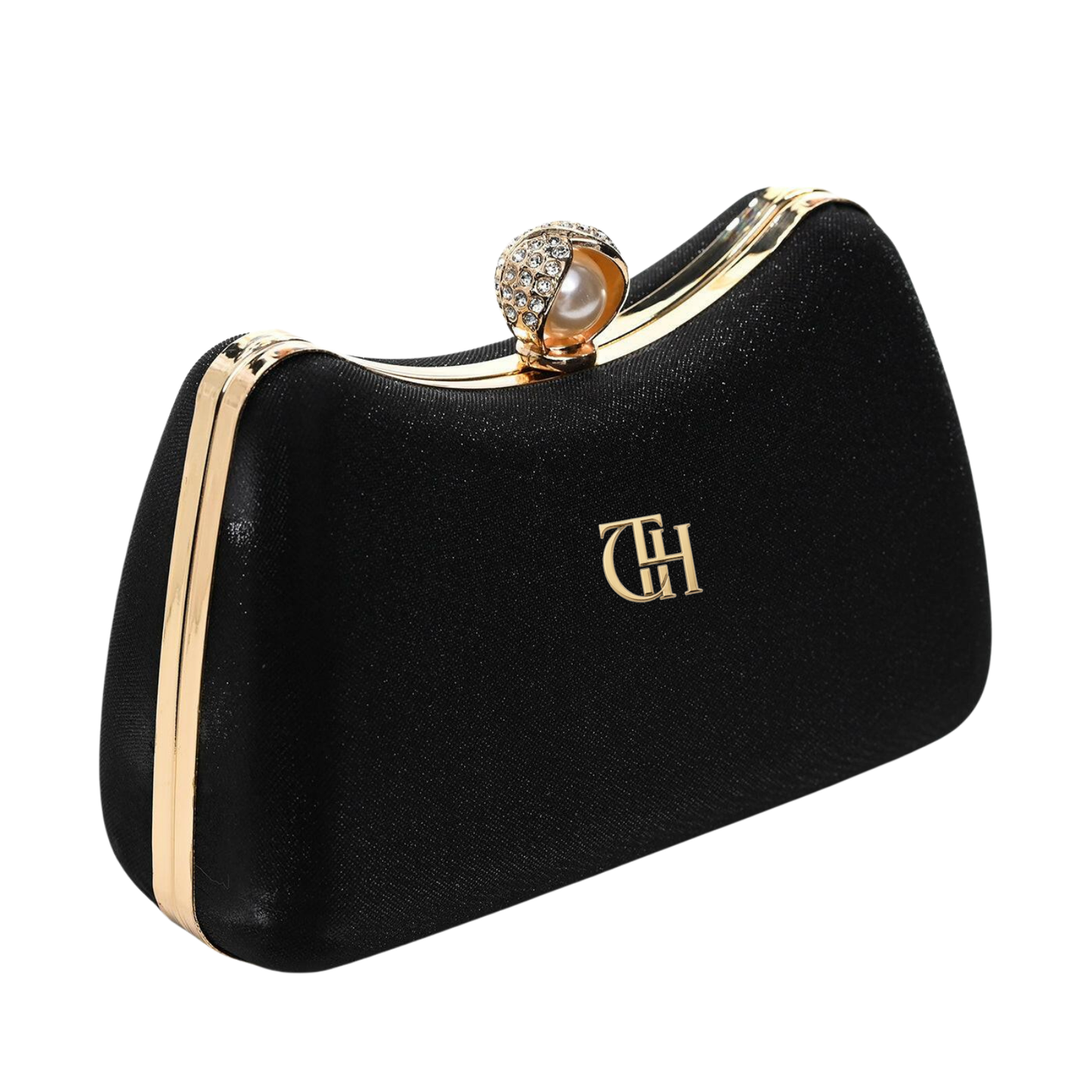 Velvet Pearl Clutch Black Evening Bag with Chain Strap