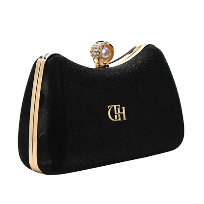 Velvet Pearl Clutch Black Evening Bag with Chain Strap